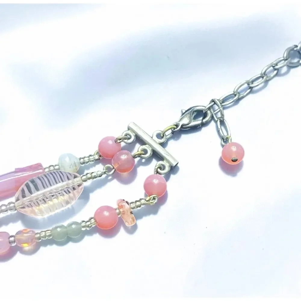 Vintage Multi-Strand Pink & White Quartz, Carved Glass Beads Cascading Necklace